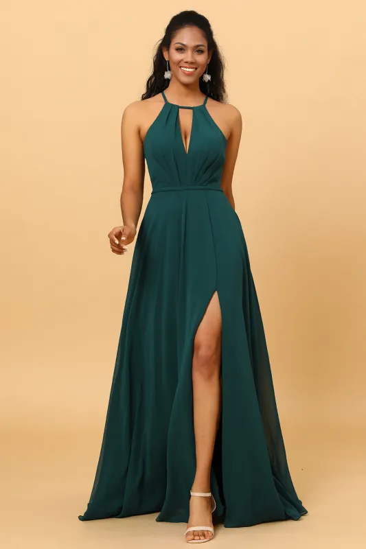 A Line Halter Open Back Long Chiffon Bridesmaid Dress With Slit sold by Wedtrend