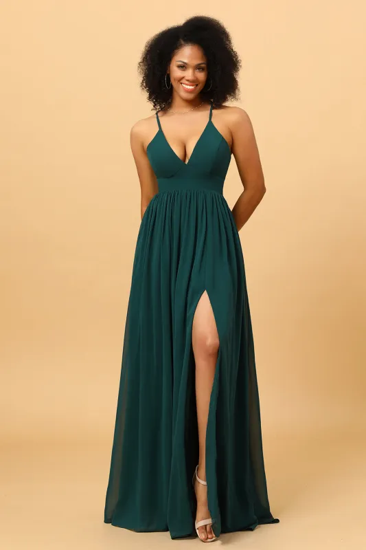 A Line V Neck Spaghetti Straps Chiffon Bridesmaid Dress with Slit sold by Wedtrend