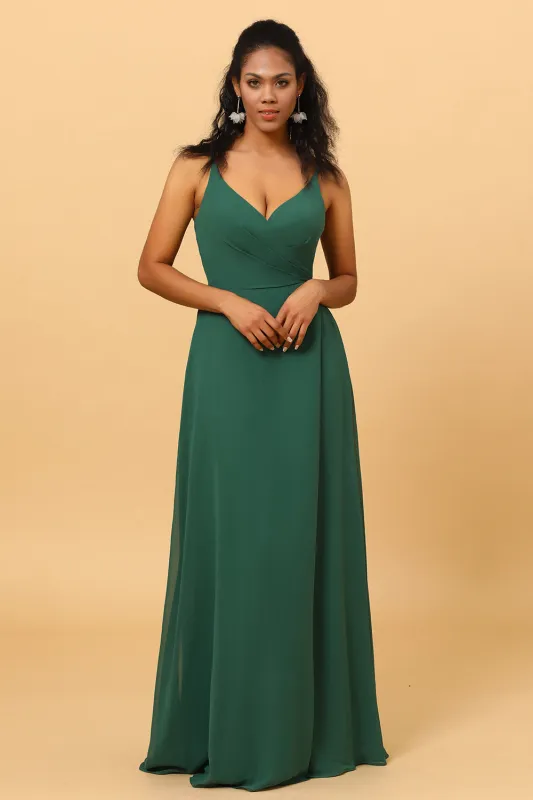 A Line V Neck Spaghetti Straps Floor Length Long Chiffon Bridesmaid Dress made by Wedtrend