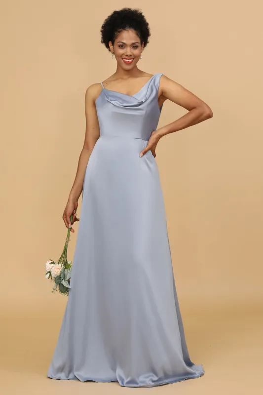 A Line Asymmetrical Neck Satin Floor Length Bridesmaid Dress sold by Wedtrend