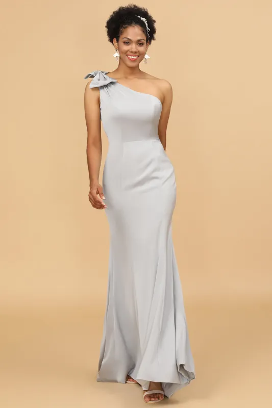 Mermaid One Shoulder Satin Long Bridesmaid Dress With Bowknot made by Wedtrend