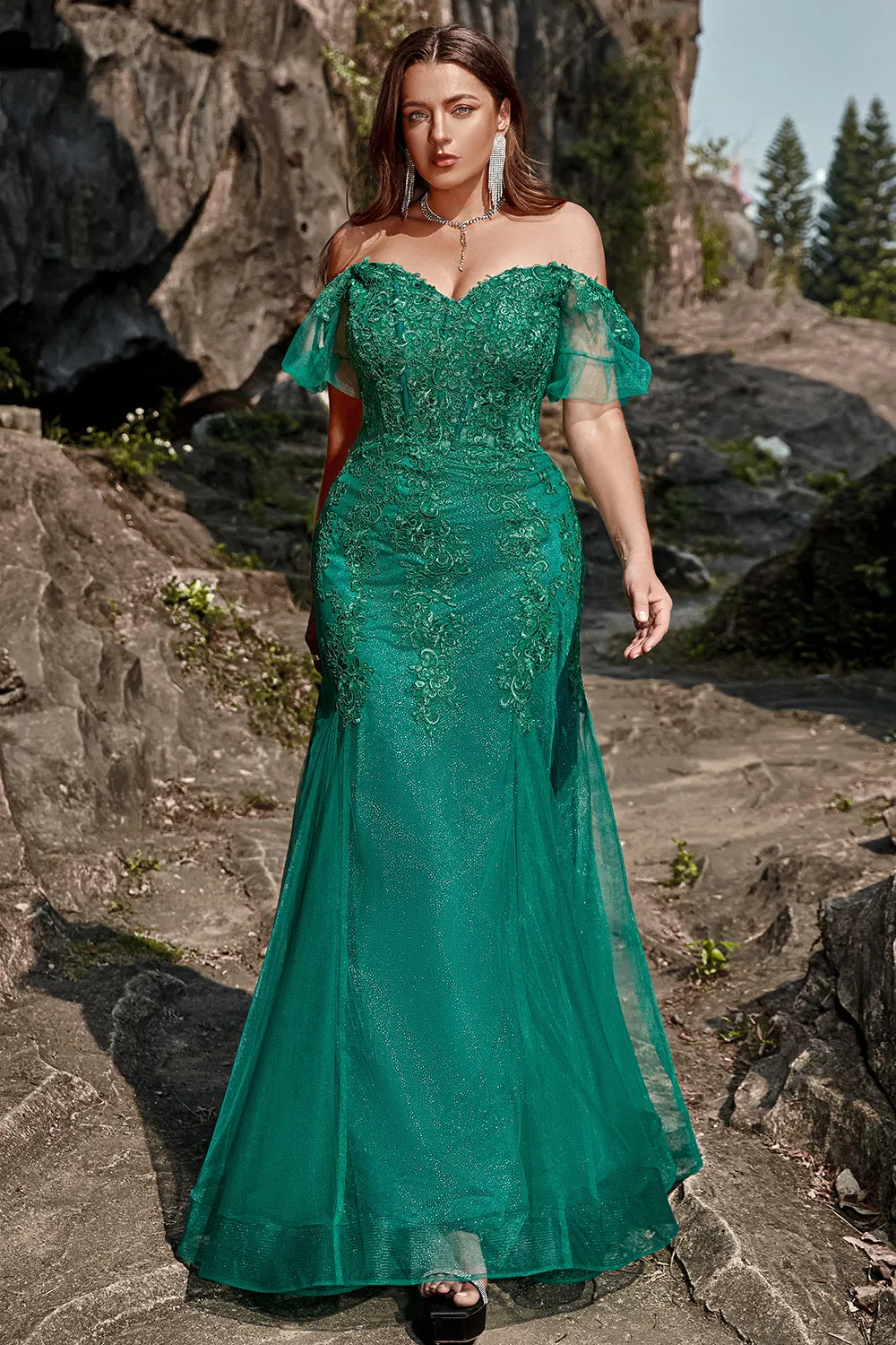 Dark Green Mermaid Off the Shoulder Plus Size Dress with Appliques sold by Wedtrend product image thumbnail 4