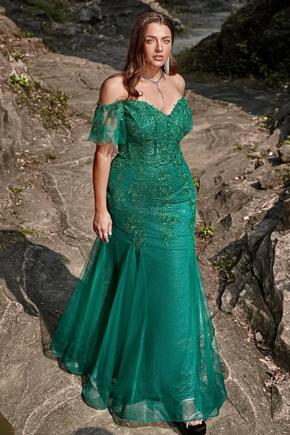 Dark Green Mermaid Off the Shoulder Plus Size Dress with Appliques sold by Wedtrend product image thumbnail 5