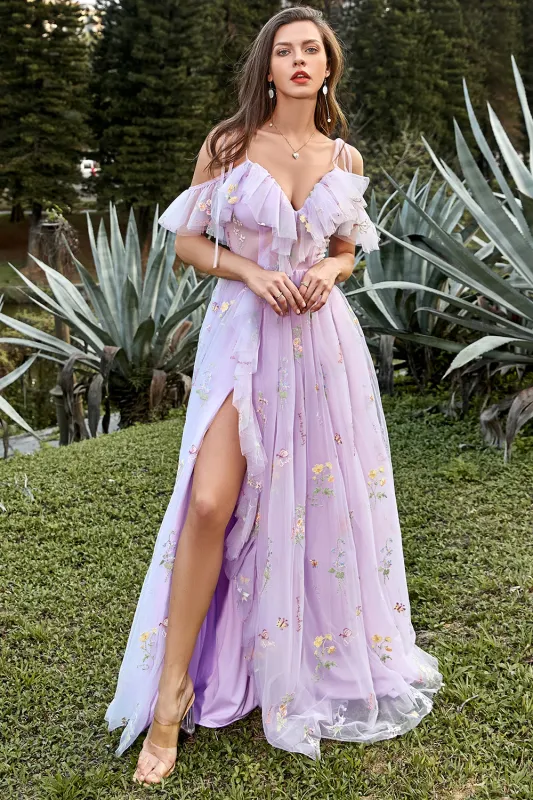 Lavender A-Line V-Neck Spaghetti Straps Embroidery Prom Dress with Slit made by Wedtrend