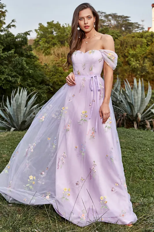 Lavender A Line Off The Shoulder Tulle Formal Dress With Embroidery made by Wedtrend