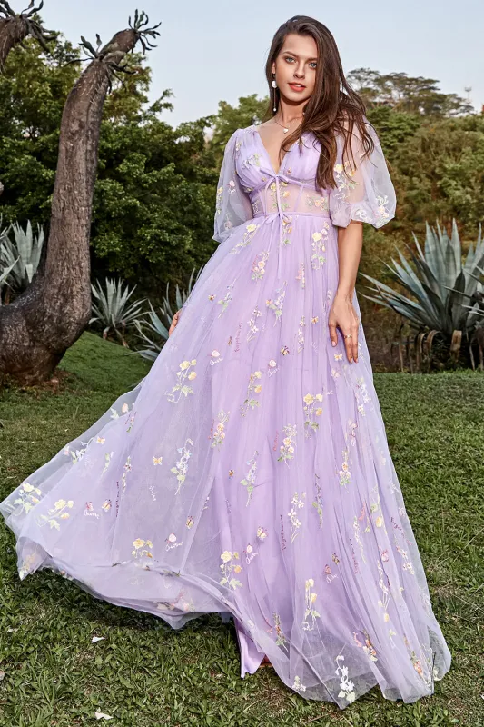 Lavender A-Line V-Neck Embroidery Floor Length Prom Dress with Short Sleeves made by Wedtrend