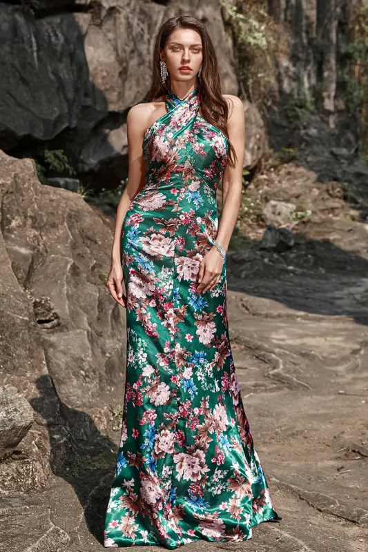 Green Mermaid Halter Print Floral Long Satin Bridesmaid Dress made by Wedtrend