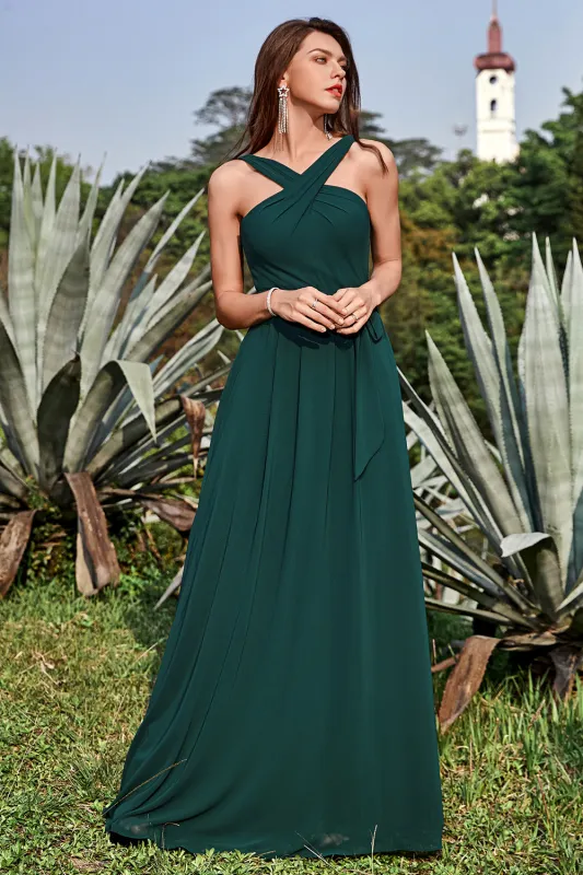 A-Line Halter Floor-Length Pine Chiffon Bridesmaid Dress sold by Wedtrend