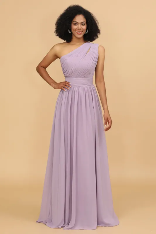 A Line One Shoulder Long Chiffon Bridesmaids Dress with Ruffles made by Wedtrend