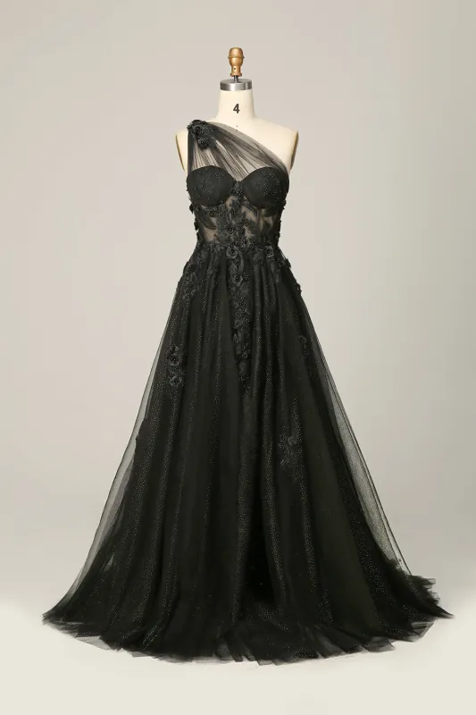 Black A Line One Shoulder Long Wedding Dress with Appliques made by Wedtrend