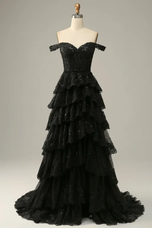 Black A Line Off The Shoulder Tiered Tulle Long Prom Dress With Slit made by Wedtrend