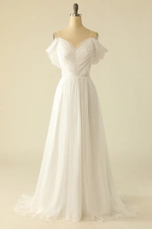 White A Line  Off the Shoulder Tulle Floor-Length Wedding Dress sold by Wedtrend