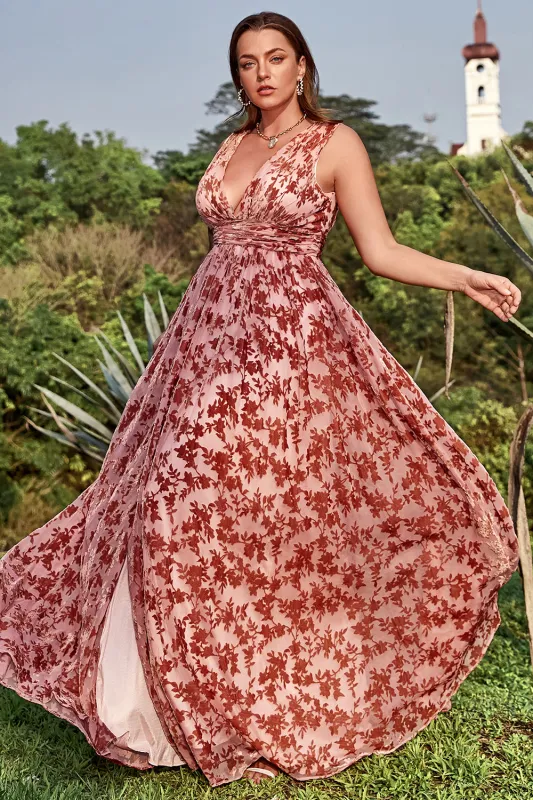A Line V Neck Print Rust Plus Size Wedding Party Dress with Split Front made by Wedtrend