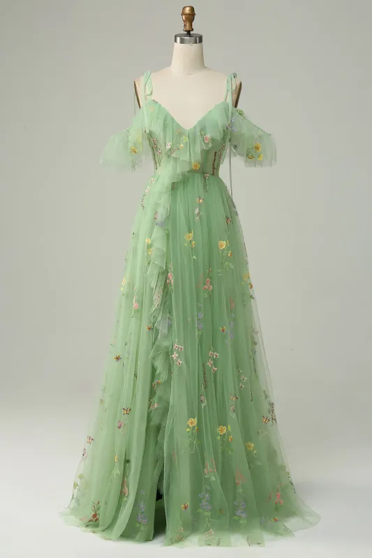 Green A-Line Spaghetti Straps V-Neck Embroidered Prom Dress with Slit sold by Wedtrend