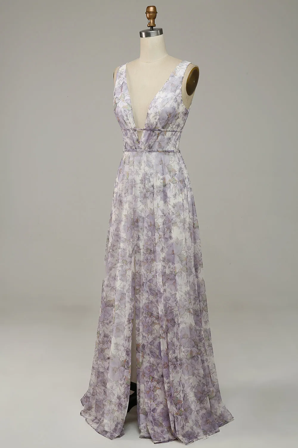 Ivory Purple A Line V-Neck Printed Prom Dress With Slit sold by Wedtrend product image thumbnail 5