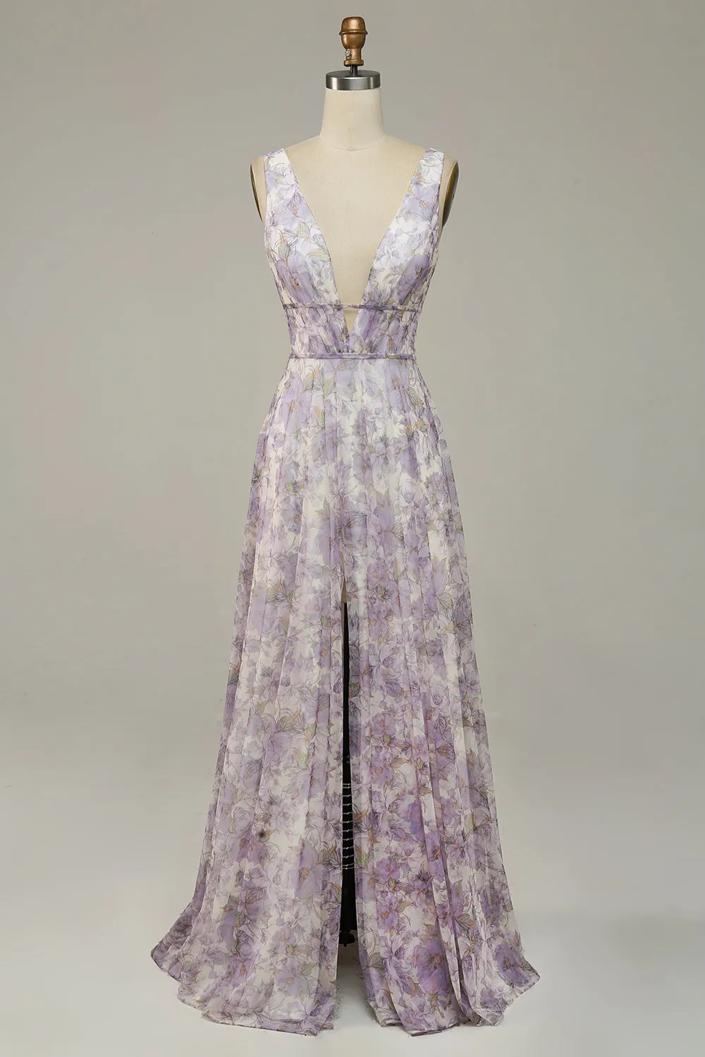 Ivory Purple A Line V-Neck Printed Prom Dress With Slit sold by Wedtrend