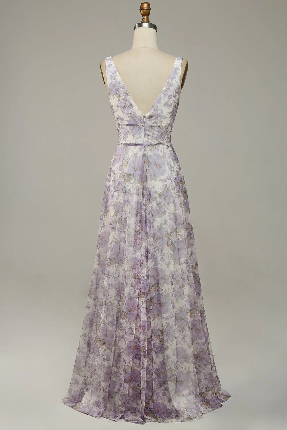 Ivory Purple A Line V-Neck Printed Prom Dress With Slit sold by Wedtrend product image thumbnail 2