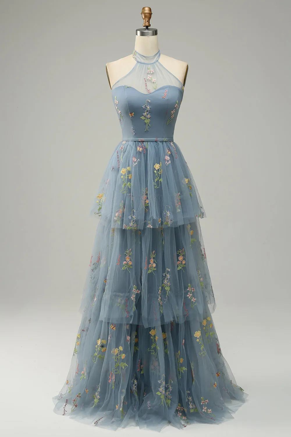 Grey Blue A Line Halter Floor Length Tulle Formal Dress with Embroidery sold by Wedtrend