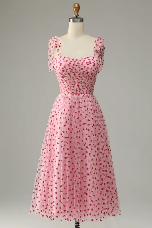 Pink A-line Square Neck Tulle Midi Dress with Hearts made by Wedtrend