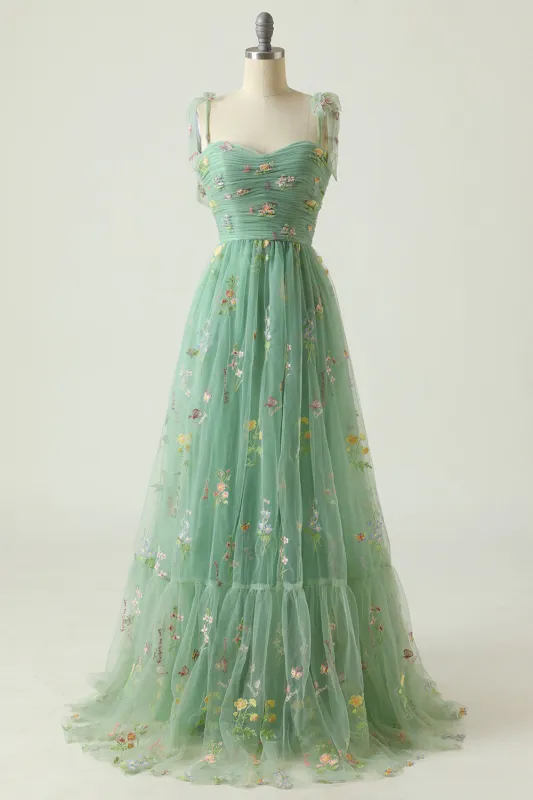 Green Tulle A Line Spaghetti Straps Floral Long Prom Dress With Embroidery made by Wedtrend