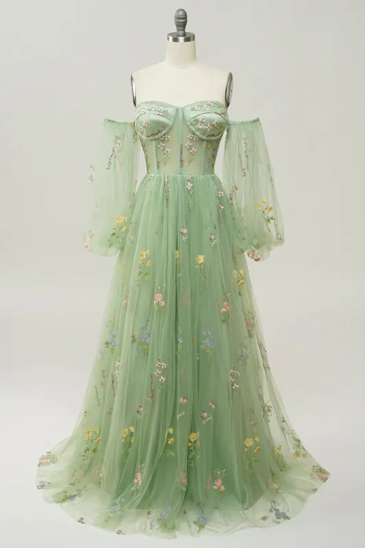 Green A-Line Off The Shoulder Floor Length Dress With Embroidery made by Wedtrend