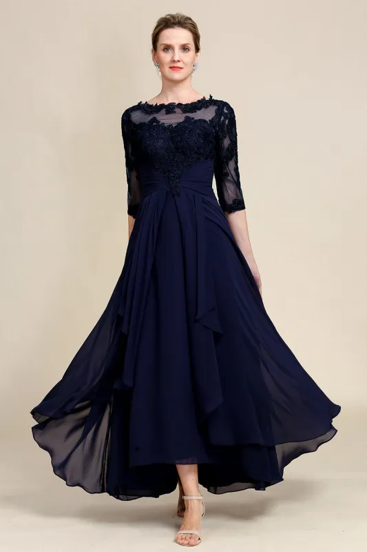 Asymmetrical Appliques Long Mother of Bride Dress with Half Sleeves made by Wedtrend