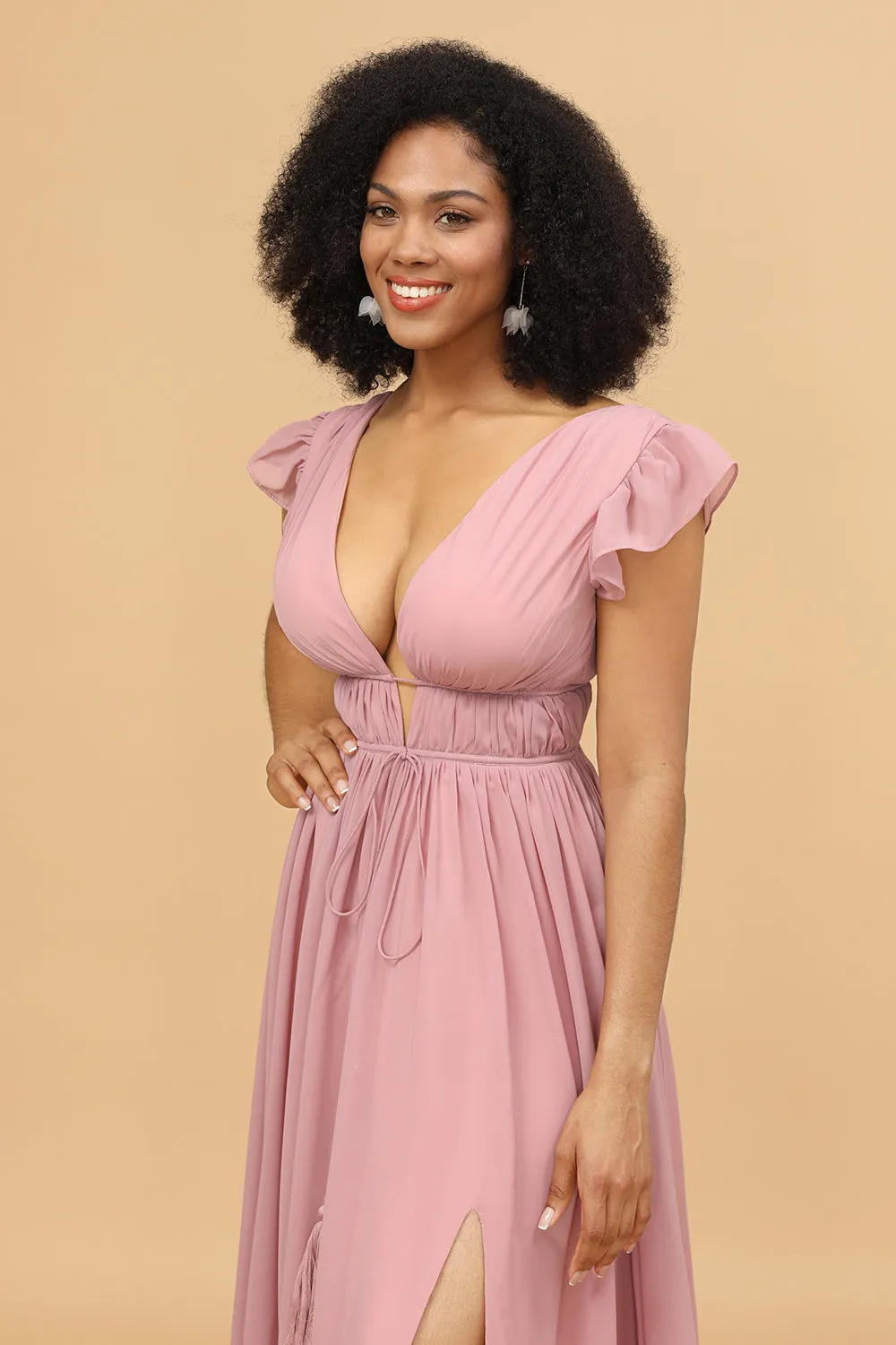 Blush A Line V-Neck Long Chiffon Bridesmaid Dress with Slit sold by Wedtrend product image thumbnail 4