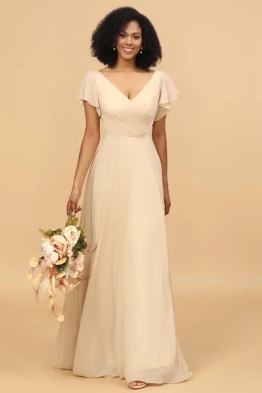 Champagne A Line Long Chiffon Bridesmaid Dress with Cap Sleeves made by Wedtrend