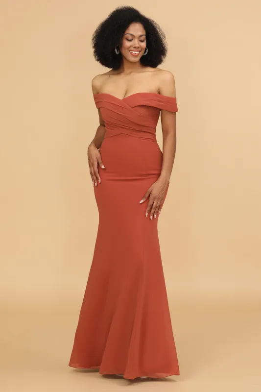 Terrocotta Mermaid Off The Shoulder Long Chiffon Bridesmaid Dress made by Wedtrend