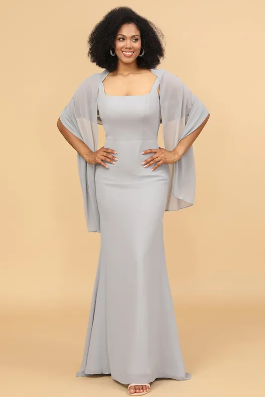Grey Mermaid Square Neck Long Chiffon Bridesmaid Dress with Cape made by Wedtrend
