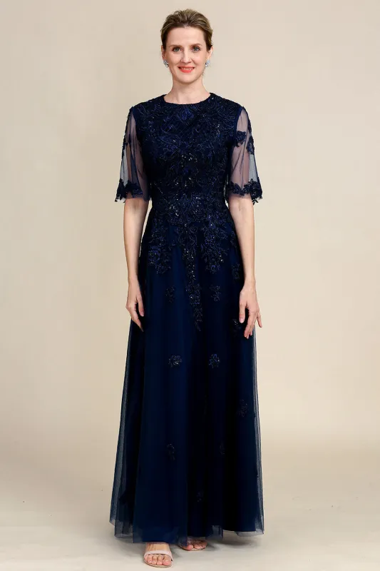 Navy A Line Beading Sparkly Mother Of Bride Dress with Appliques made by Wedtrend