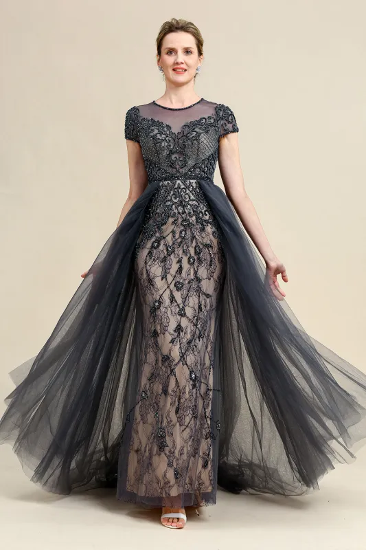 Dark Grey A Line Tulle Beaded Glitter Mother of Bride Dress sold by Wedtrend