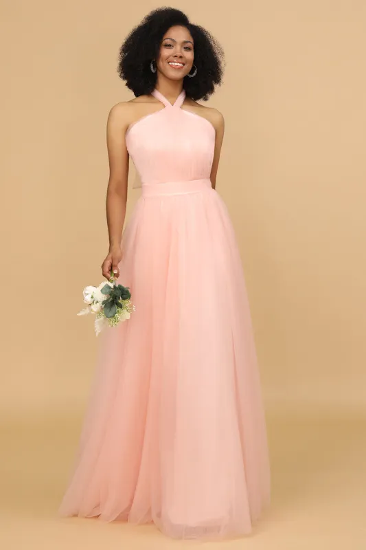 Blush A Line Halter Floor Length Tulle Bridesmaid Dress sold by Wedtrend
