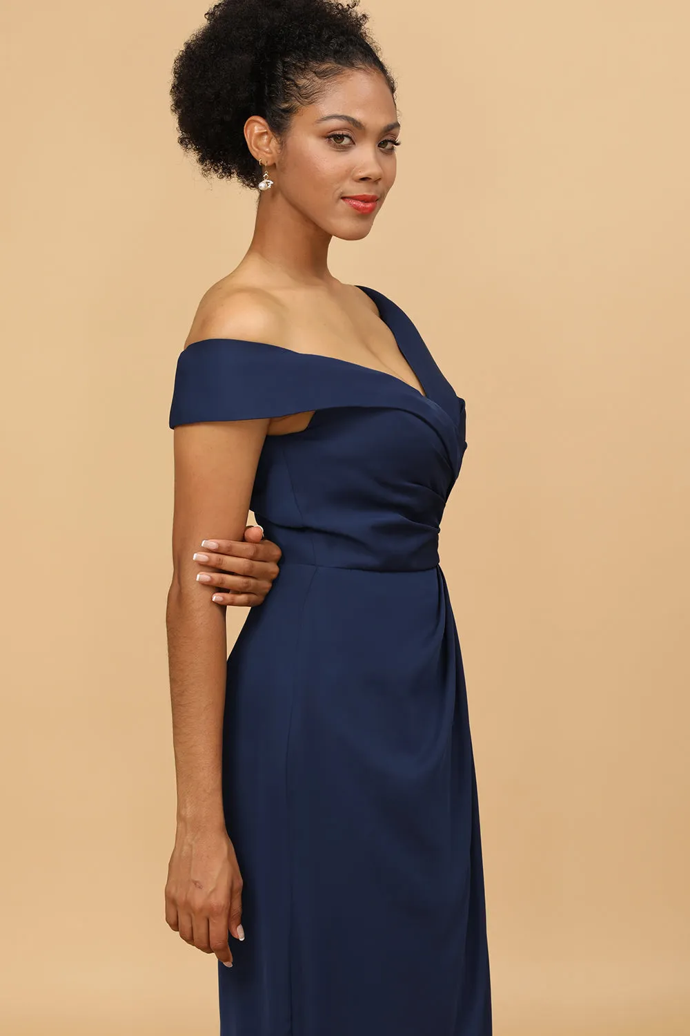 Navy Sheath/Column Off The Shoulder Satin Bridesmaid Dress sold by Wedtrend product image thumbnail 5