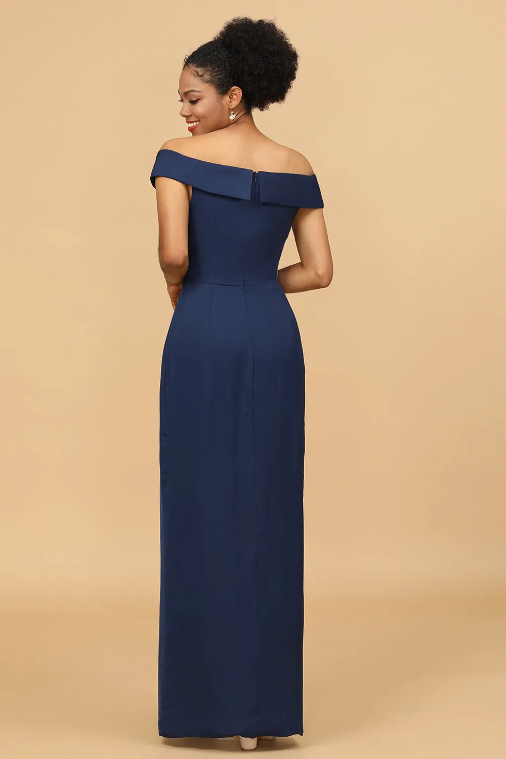 Navy Sheath/Column Off The Shoulder Satin Bridesmaid Dress sold by Wedtrend product image thumbnail 2