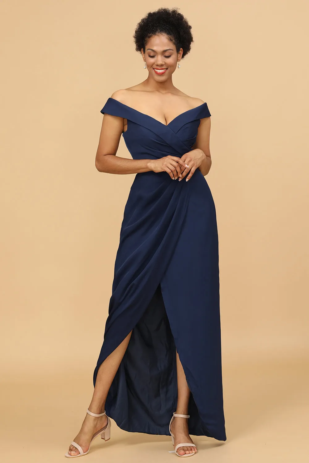 Navy Sheath/Column Off The Shoulder Satin Bridesmaid Dress sold by Wedtrend product image thumbnail 3