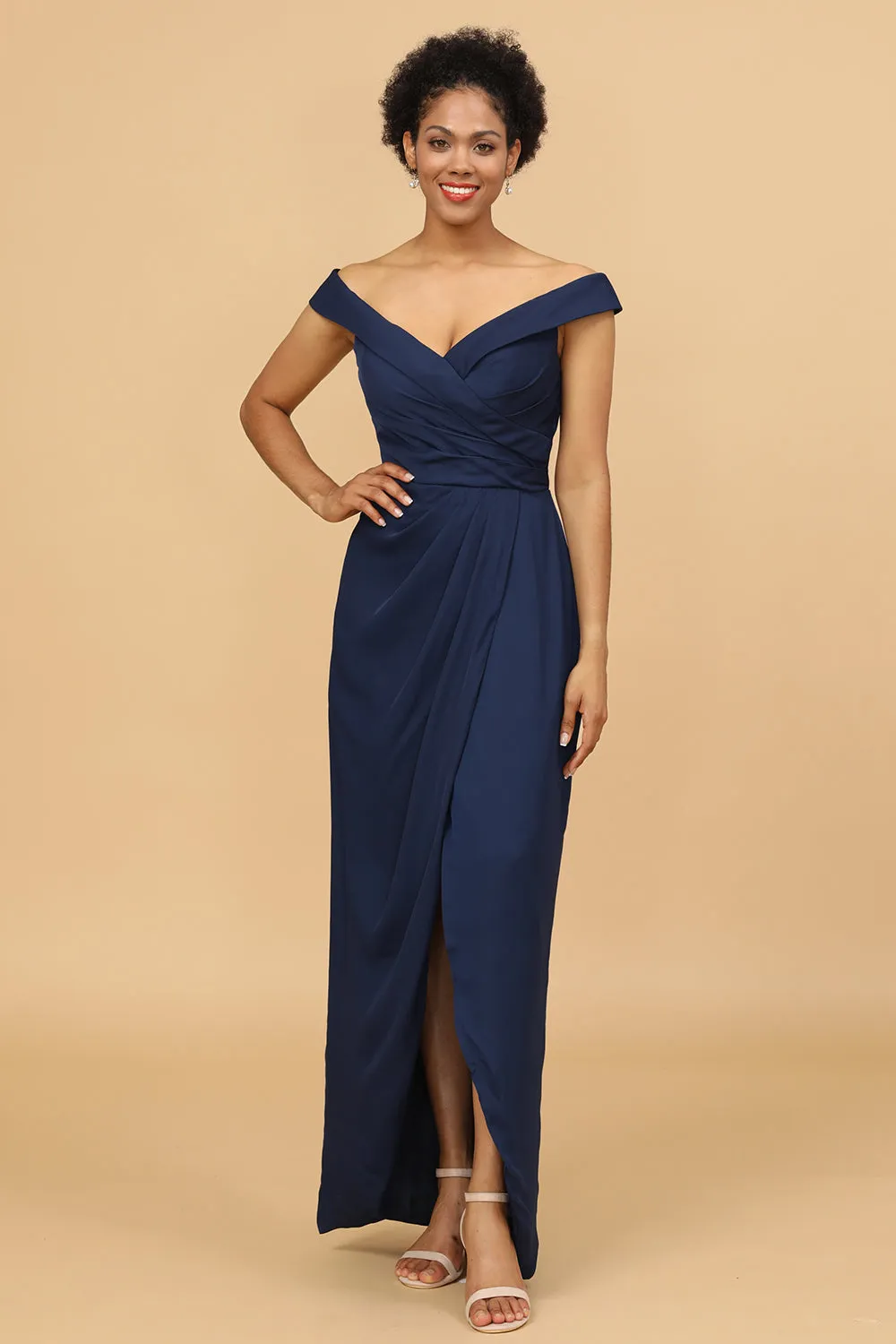Navy Sheath/Column Off The Shoulder Satin Bridesmaid Dress sold by Wedtrend product image thumbnail 4