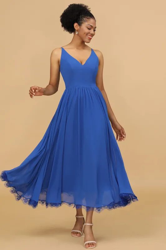 Royal Blue A Line Spaghetti Straps Long Chiffon Bridesmaid Dress with Ruffles made by Wedtrend