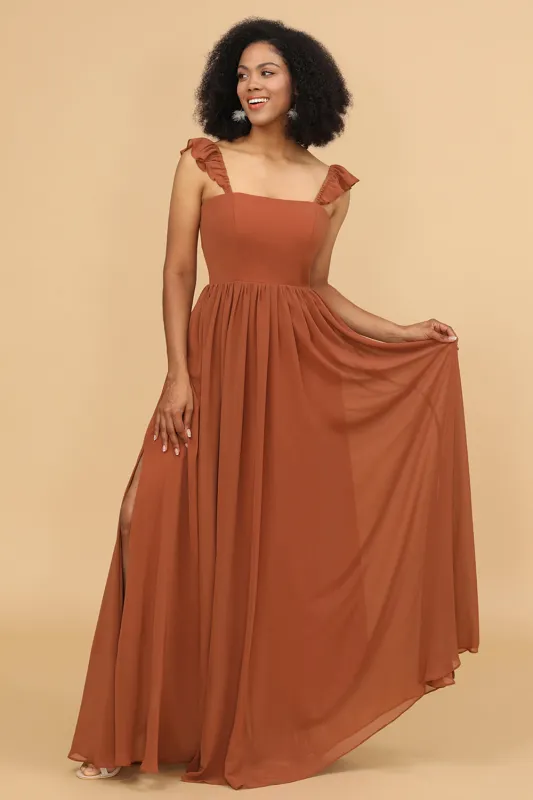 Terracotta A-Line Floor Length Chiffon Bridesmaid Dress With Ruffles made by Wedtrend