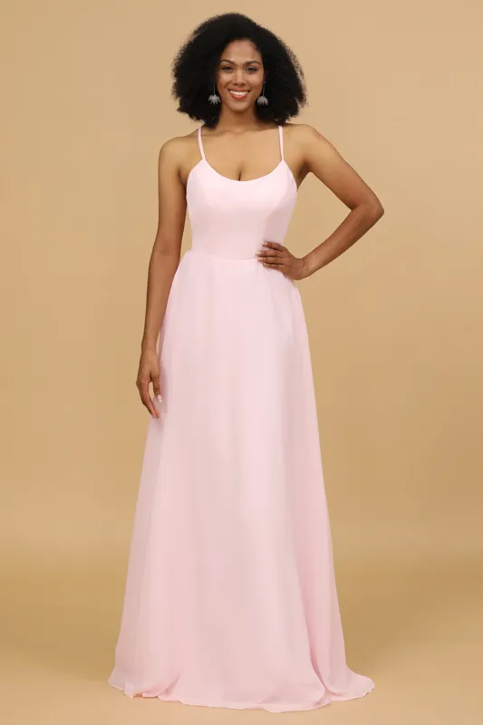 Pink Sheath/Column Spaghetti Straps Long Chiffon Bridesmaid Dress sold by Wedtrend