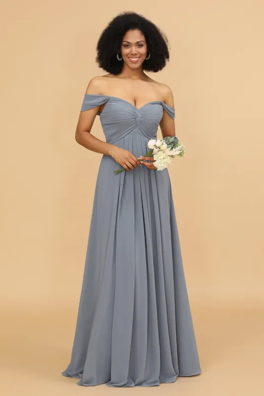 Grey Blue A Line Off the Shoulder Long Chiffon Bridesmaid Dress made by Wedtrend