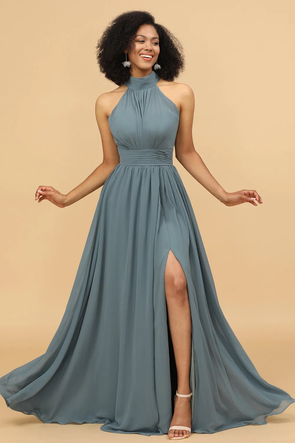 Grey Halter Ruched Long Chiffon Bridesmaid Dress with Slit sold by Wedtrend product image thumbnail 3