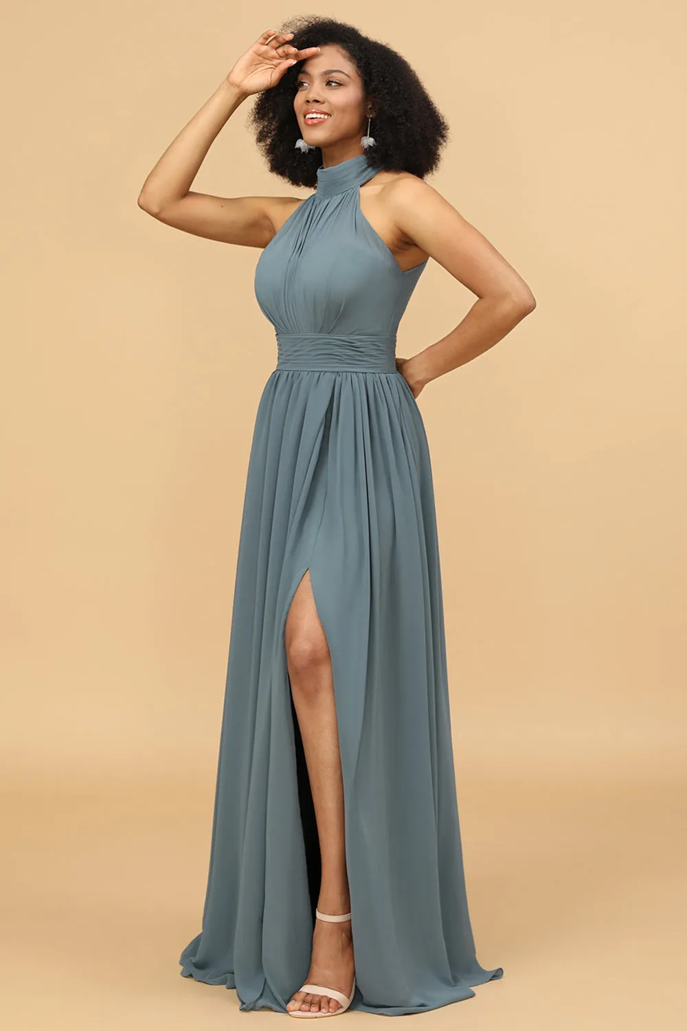 Grey Halter Ruched Long Chiffon Bridesmaid Dress with Slit sold by Wedtrend product image thumbnail 4