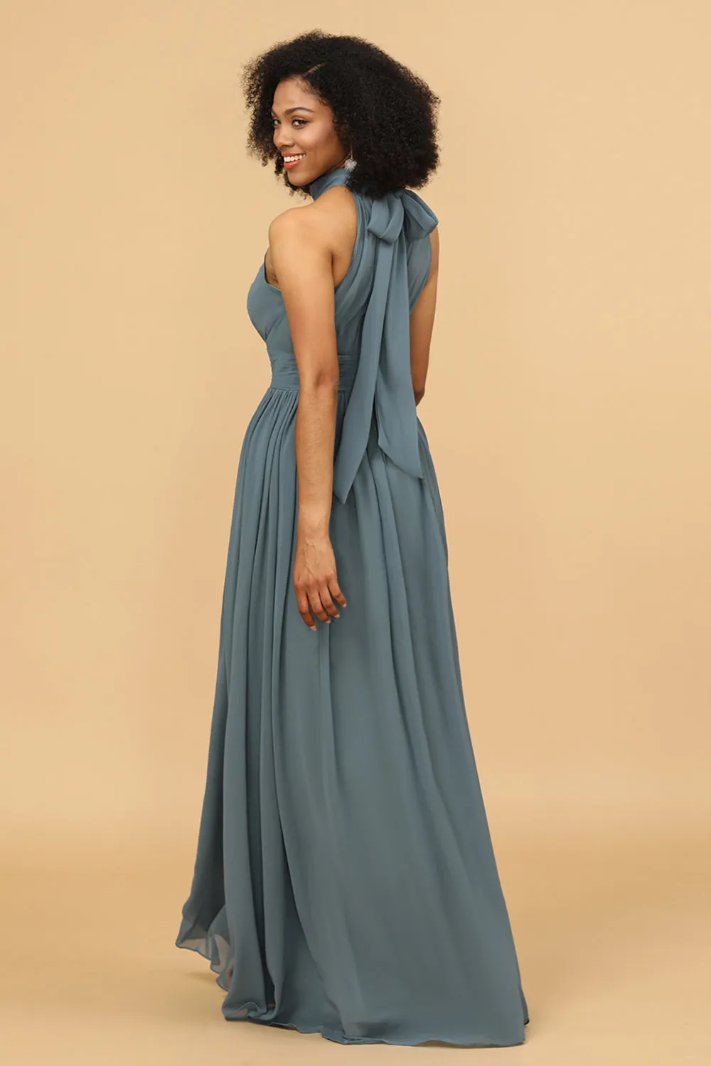 Grey Halter Ruched Long Chiffon Bridesmaid Dress with Slit sold by Wedtrend product image thumbnail 2
