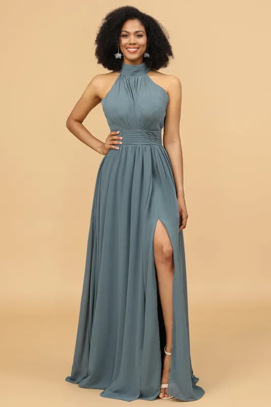 Grey Halter Ruched Long Chiffon Bridesmaid Dress with Slit made by Wedtrend