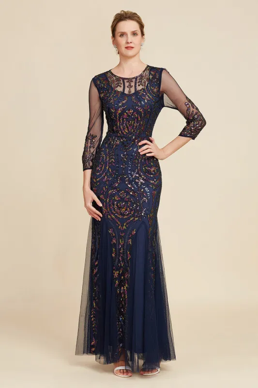 Navy Mermaid Sequin Floor Length Mother of The Bride Dress with Long Sleeves made by Wedtrend