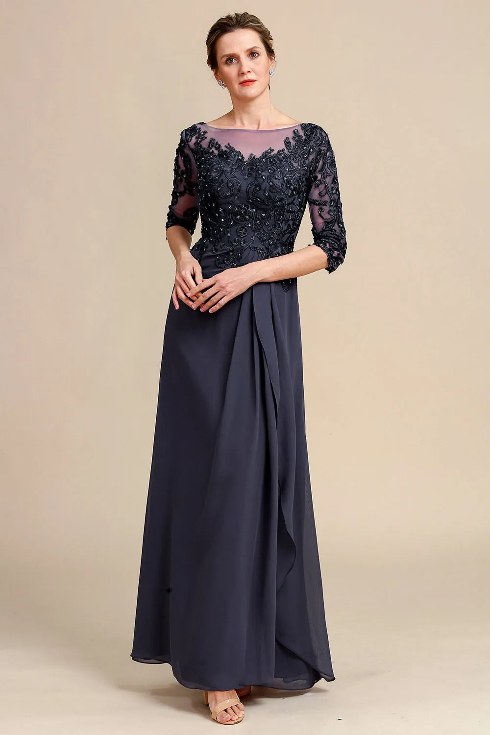 Grey Blue Round Neck A Line Long Chiffon Mother Of Bride Dress With Beading sold by Wedtrend product image thumbnail 4