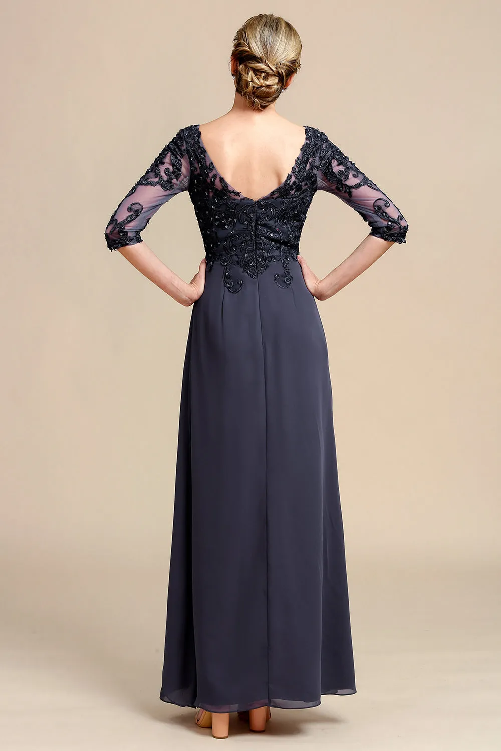 Grey Blue Round Neck A Line Long Chiffon Mother Of Bride Dress With Beading sold by Wedtrend product image thumbnail 2