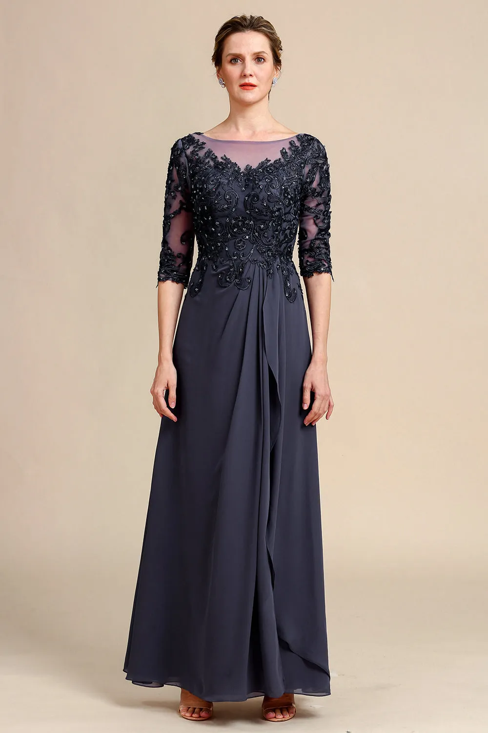 Grey Blue Round Neck A Line Long Chiffon Mother Of Bride Dress With Beading sold by Wedtrend product image thumbnail 5