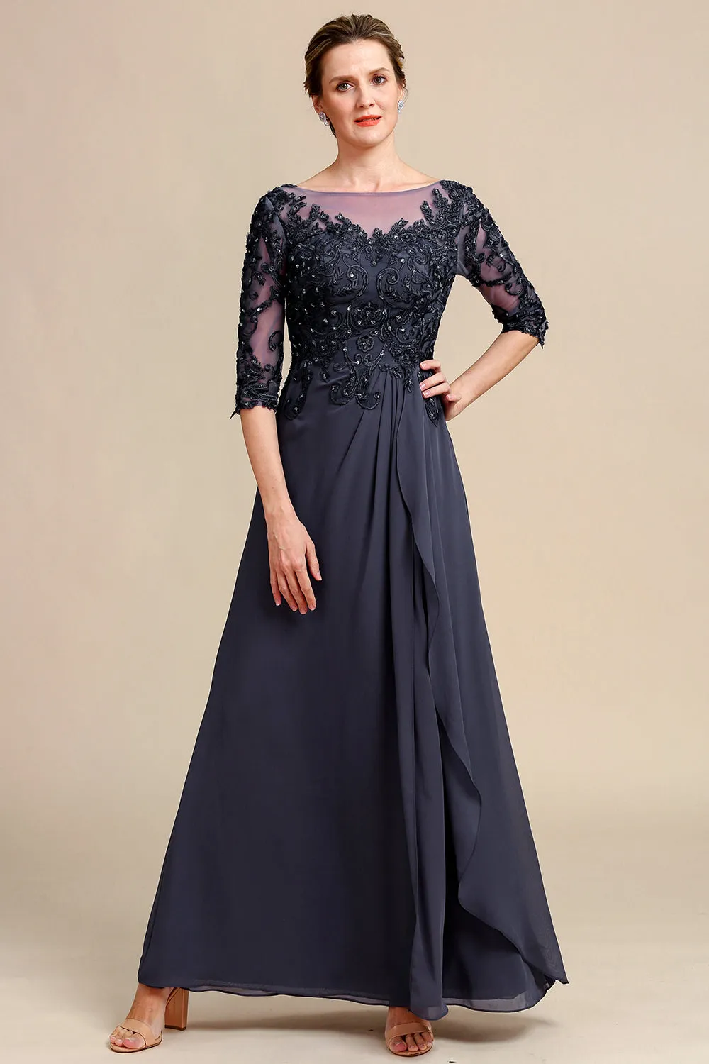Grey Blue Round Neck A Line Long Chiffon Mother Of Bride Dress With Beading sold by Wedtrend